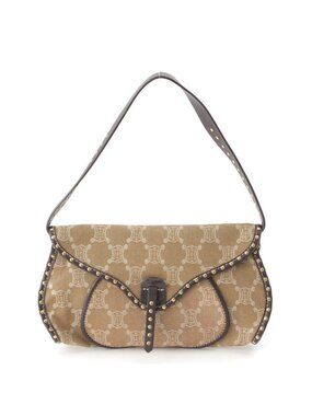 Celine Paris Macadam Canvas Studded Vintage Shoulder Bag Khaki
